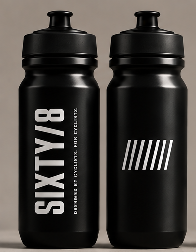 Black SIXTY/8 500ml cycling water bottle showing logo and eight-slash design
