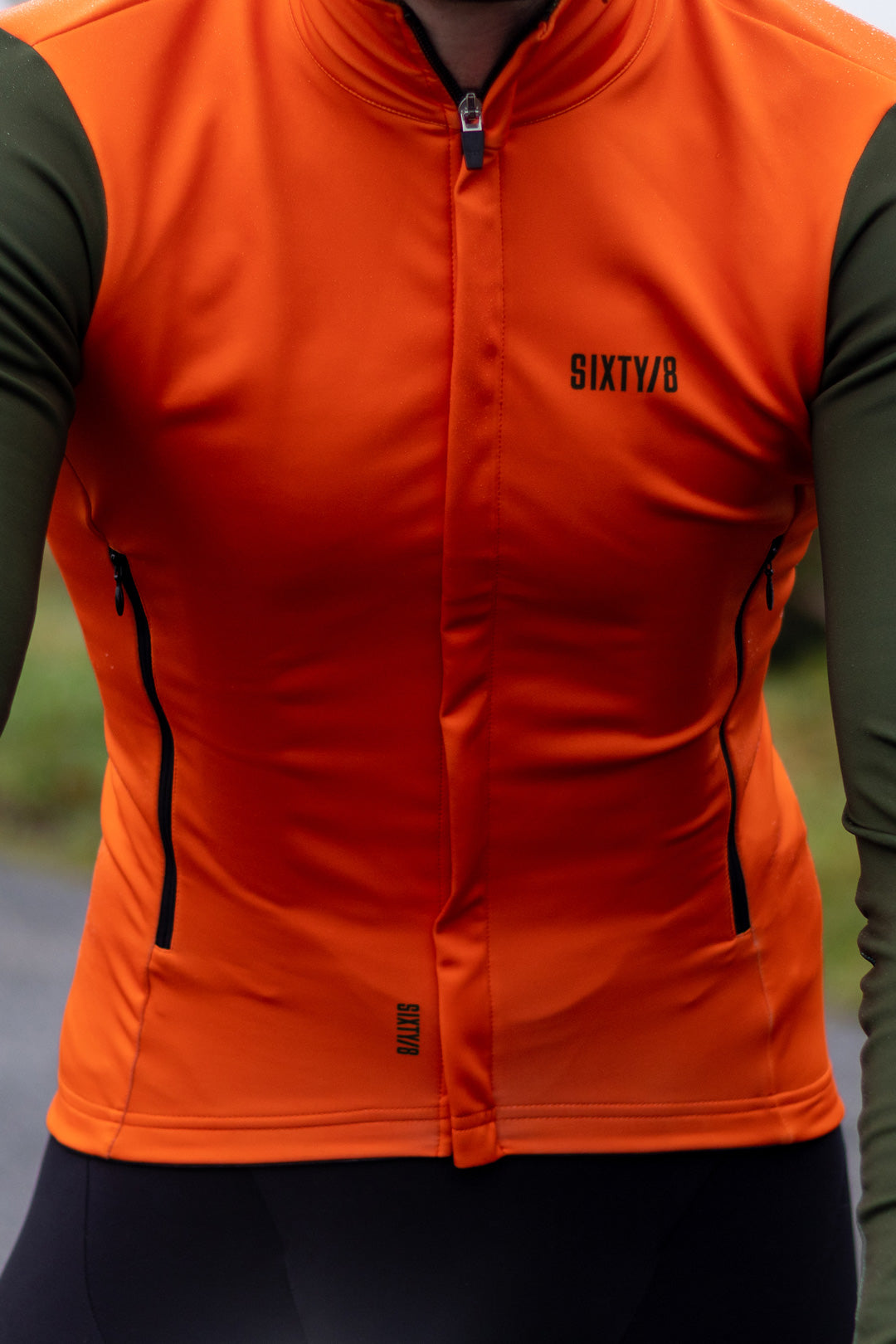 SIXTY/8  MENS LANGBAR CYCLING SOFTSHELL JACKET - ORANGE/GREEN