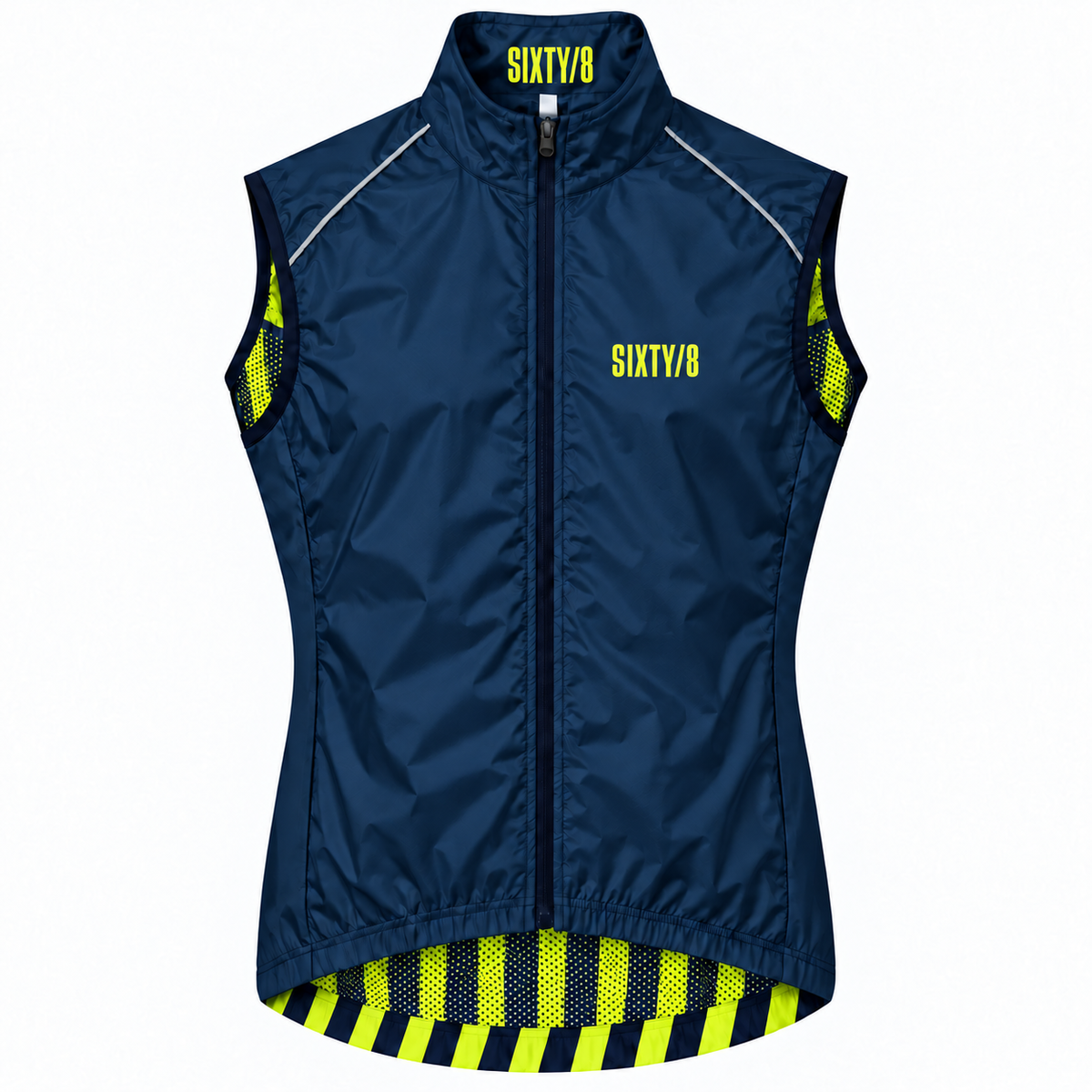 A sleeveless navy blue cycling vest with a full front zipper, featuring bright neon yellow accents on the collar, side panels, and hem, with 'SIXTY/8' printed on the chest.