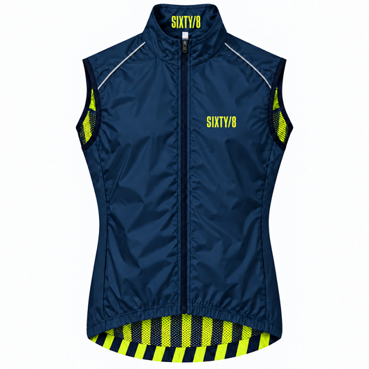A sleeveless navy blue cycling vest with a full front zipper, featuring bright neon yellow accents on the collar, side panels, and hem, with 'SIXTY/8' printed on the chest.
