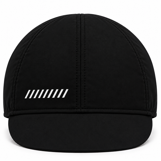 Front view of SIXTY/8 Bordeaux–Paris black cycling cap with eight diagonal white stripes and a classic black cycling peak.