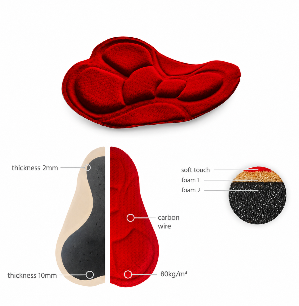 Technical illustration of the Carbon Women chamois pad used in SIXTY/8 women's cycling bib shorts, showing the anatomical padding design.