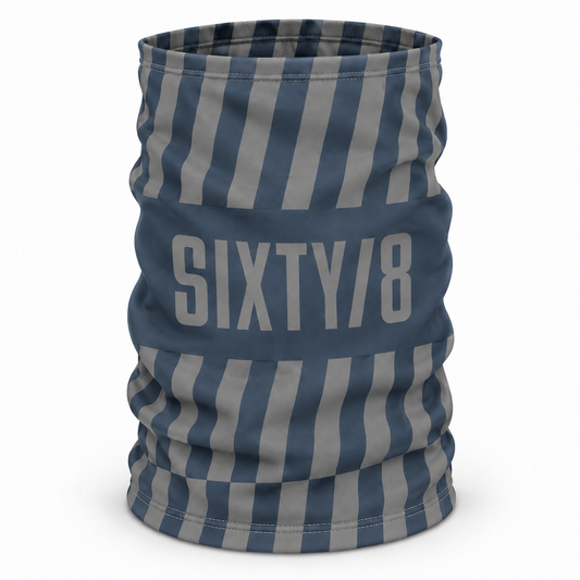 SIXTY/8 gunmetal grey cycling neck warmer with contrasting stripes and SIXTY/8 logo
