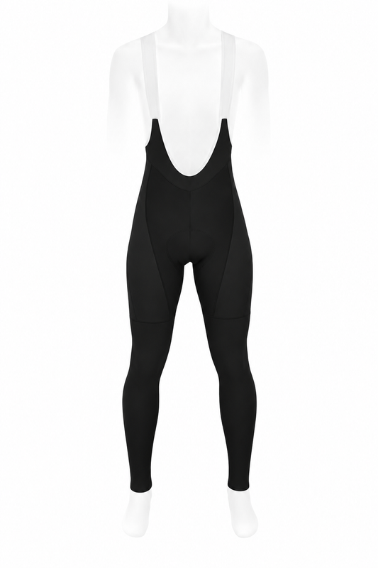 Front view of SIXTY/8 men's black thermal Roubaix cycling bib tights with white bib straps, full-length legs and integrated chamois pad.