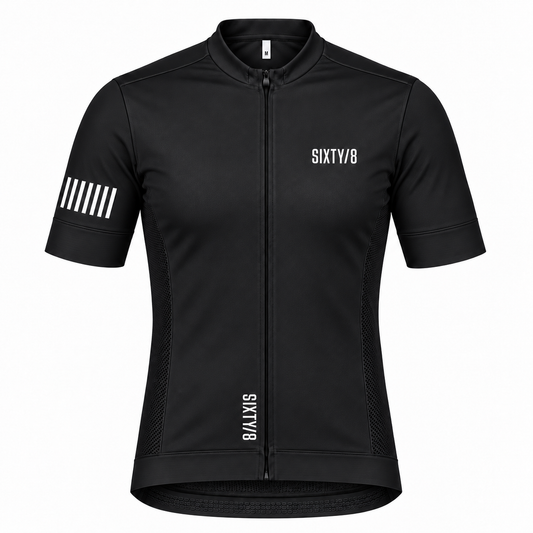 SIXTY/8 Bordeaux men's black short sleeve cycling jersey with white branding and sleeve detailing, front view on a white background.