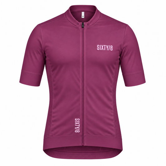 SIXTY/8 men's short sleeve performance cycling jersey in claret burgundy, front view showing the full-length zip and SIXTY/8 branding.