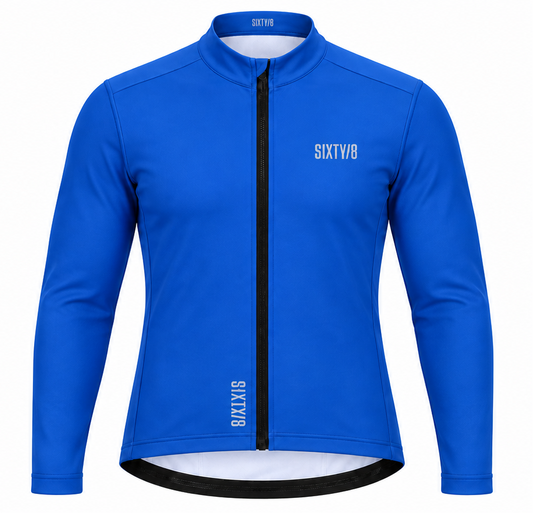SIXTY/8 men's Danbrook long sleeve thermal cycling jersey in azure blue, front view on white background.