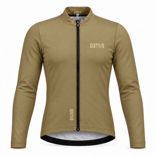 SIXTY/8 men's Danbrook long sleeve thermal cycling jersey in khaki gold, front view on a white background.
