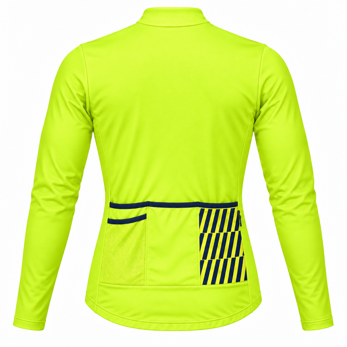 Back view of the SIXTY/8 men's Danbrook tennis ball yellow and navy thermal cycling jersey, showing the striped rear pockets.