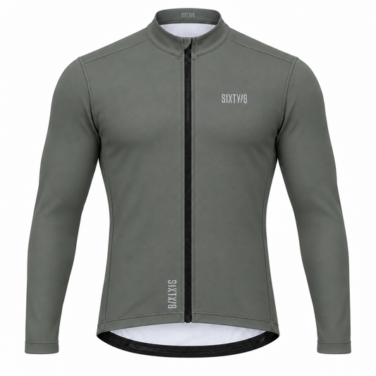 SIXTY/8 men's Danbrook long sleeve thermal cycling jersey in utility olive, front view on a white background.