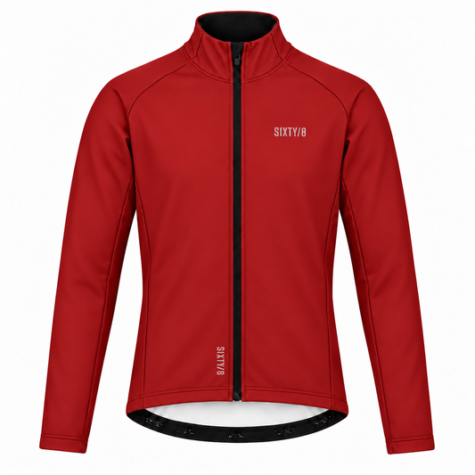 SIXTY/8 men's Langbar thermal softshell cycling jacket in oxblood red, featuring a full-length black zip, high collar and SIXTY/8 chest branding, front view.