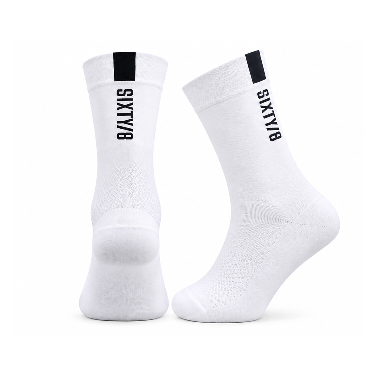 SIXTY/8 white cycling socks shown from the rear and side, featuring vertical black SIXTY/8 branding, black cuff detailing and breathable knitted fabric.