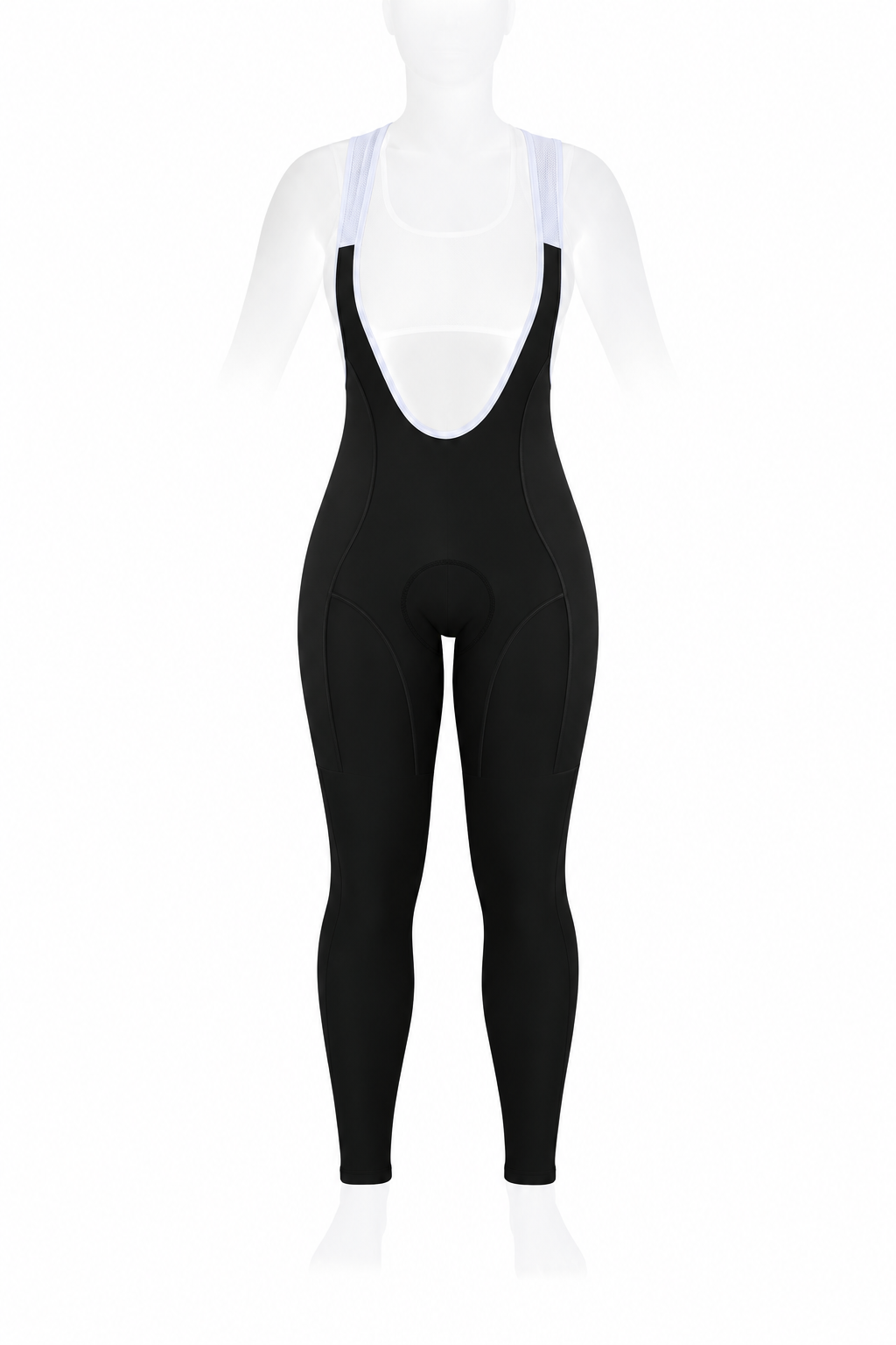 Front view of SIXTY/8 women's black thermal cycling bib tights featuring white mesh shoulder straps, full-length legs and an integrated padded chamois.