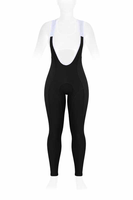 Front view of SIXTY/8 women's black thermal cycling bib tights featuring white mesh shoulder straps, full-length legs and an integrated padded chamois.