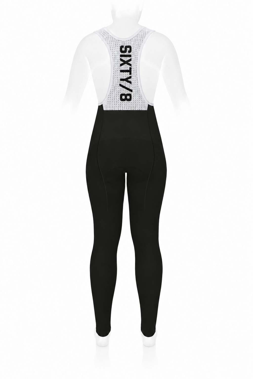 Rear view of SIXTY/8 women's black thermal cycling bib tights with white breathable mesh bib straps and vertical SIXTY/8 branding on the back.
