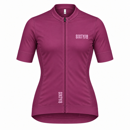 Front view of the SIXTY/8 women's Claret short sleeve cycling jersey, showing the rich claret colour, SIXTY/8 chest branding and full-length zip.