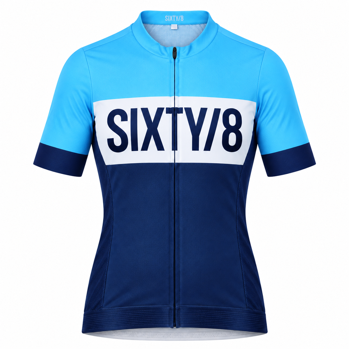 Front view of the SIXTY/8 women's Croad Automatic Legacy short sleeve cycling jersey, featuring a blue and navy design with bold SIXTY/8 branding across the white chest panel.