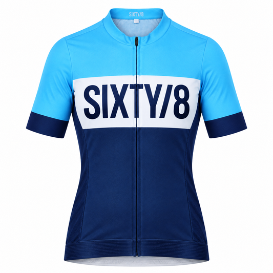 Front view of the SIXTY/8 women's Croad Automatic Legacy short sleeve cycling jersey, featuring a blue and navy design with bold SIXTY/8 branding across the white chest panel.