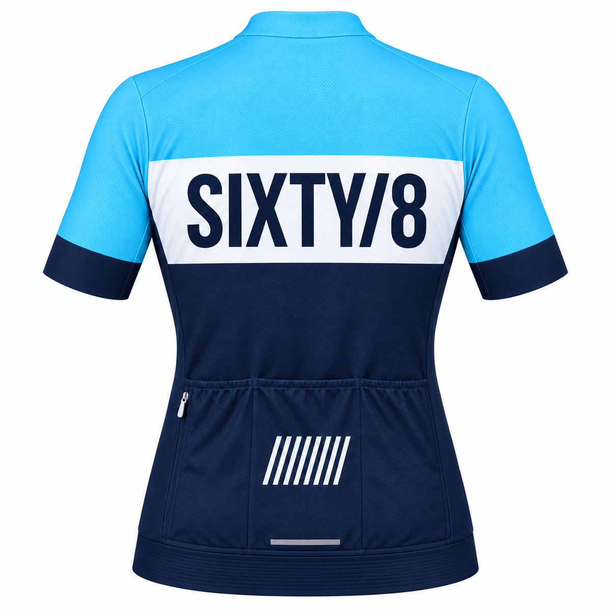 Rear view of the SIXTY/8 women's Croad Automatic Legacy short sleeve cycling jersey, showing the blue and navy design, bold SIXTY/8 back branding and three rear storage pockets.