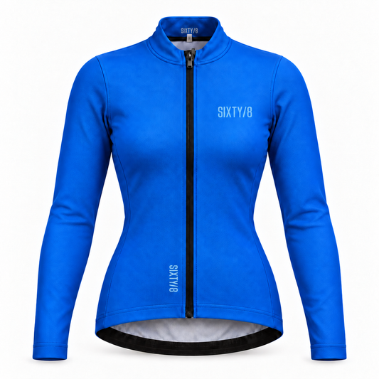Front view of the SIXTY/8 women's Darnbrook thermal long sleeve cycling jersey in Azure Blue, featuring a full-length front zip and tonal branding.