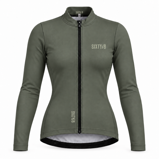 Front view of the SIXTY/8 women's Darnbrook Olive thermal long sleeve cycling jersey, featuring a full-length front zip and subtle tonal branding.