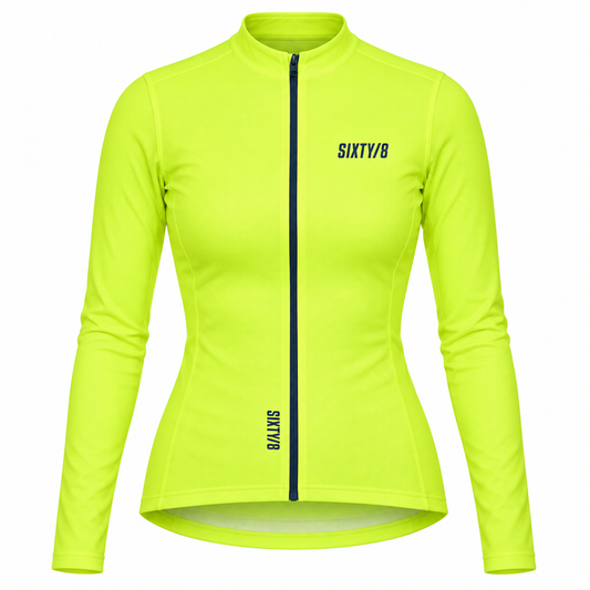 Front view of the SIXTY/8 women's Darnbrook Tennis Ball/Navy thermal long sleeve cycling jersey, featuring bright yellow fabric, navy branding and a full-length zip.