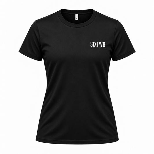 Front view of the SIXTY/8 women's Mastiles technical cycling T-shirt in black, featuring a round neckline, short sleeves and white SIXTY/8 chest branding.